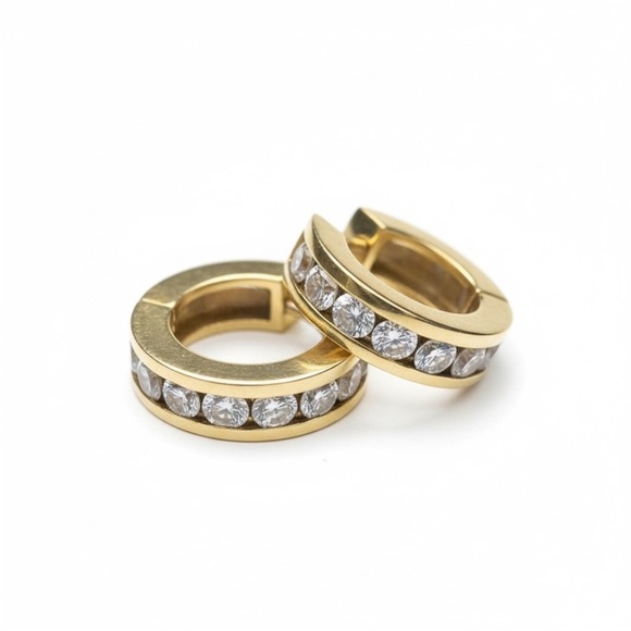 Vintage 90’s: Diamond Huggies Earrings ☼ 12 Channel Set Round Stones ☼ 18K Gold - Picture 14 of 16